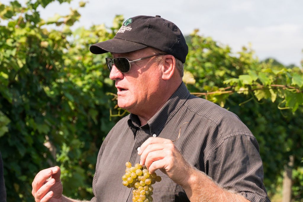 Fred Frank in vineyards holding a cluster of grapes.